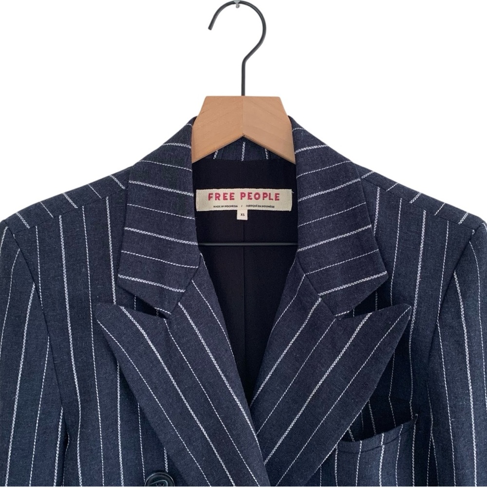 Free People Blue Pinstripe Linen Blend Double Breasted “Ashby” Blazer - Picture 4 of 11